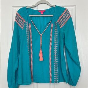 Lilly Pulitzer Lara Blouse in Bermuda Blue + Coral Embroidery